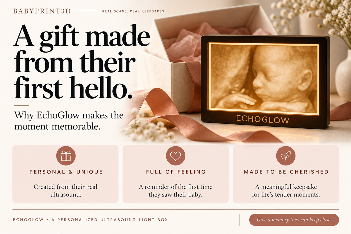 EchoGlow ultrasound light box beside a gift box and blush ribbon, with three reasons it makes a personal and meaningful gift.