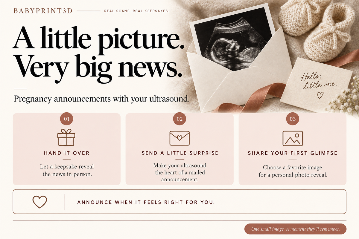 Pregnancy announcement ideas using an ultrasound photo: an in-person keepsake reveal, mailed announcement or personal photo reveal.