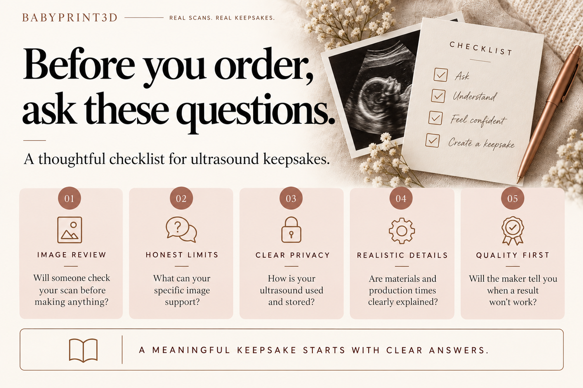 Five questions to ask before ordering an ultrasound keepsake: image review, scan limits, privacy, materials and timing, and quality standards.