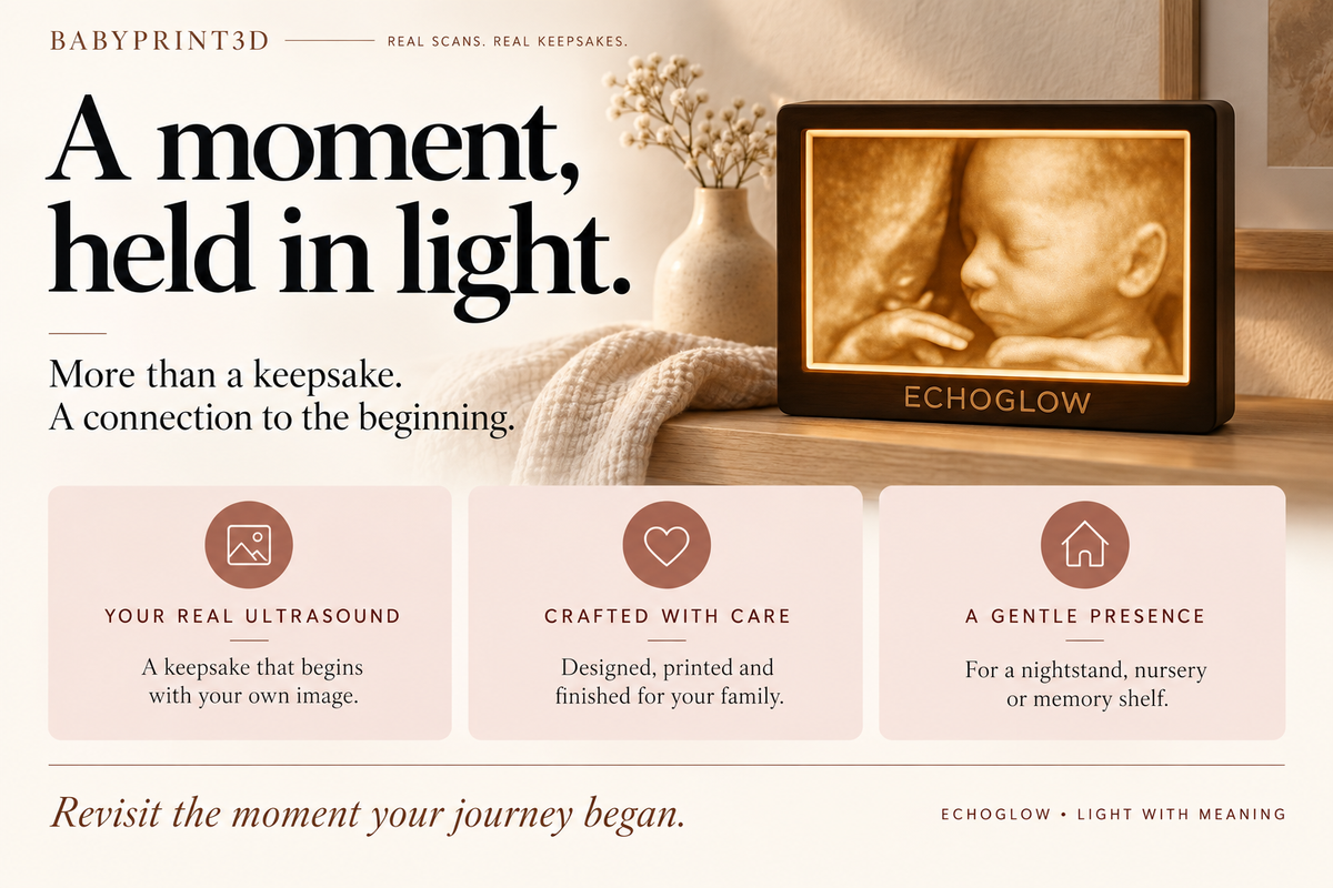 A moment held in light: EchoGlow on a memory shelf, with a personalized ultrasound portrait and a gentle amber glow.
