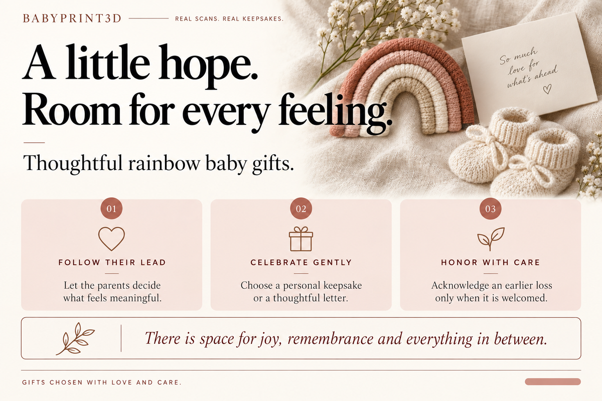 Thoughtful rainbow baby gifts: follow the parents’ lead, celebrate gently, and honor an earlier loss only when welcomed.