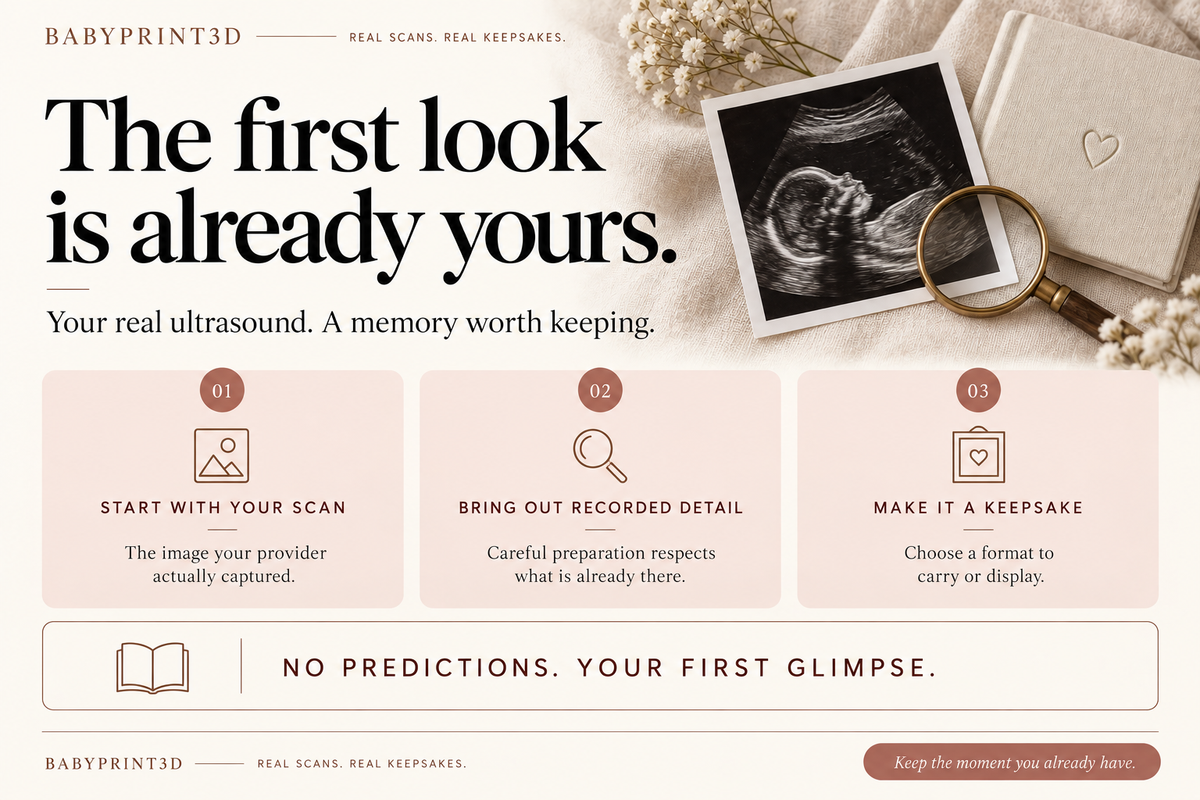 Your real ultrasound is already a first glimpse worth keeping: recorded detail, thoughtful preparation and a personal keepsake.