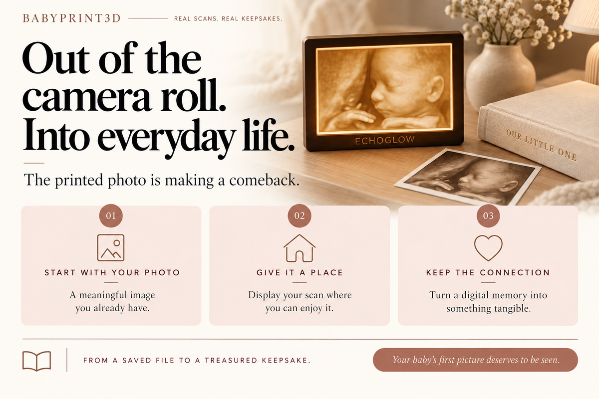 An EchoGlow and matching ultrasound print show how a photo saved in a camera roll can become an everyday keepsake.