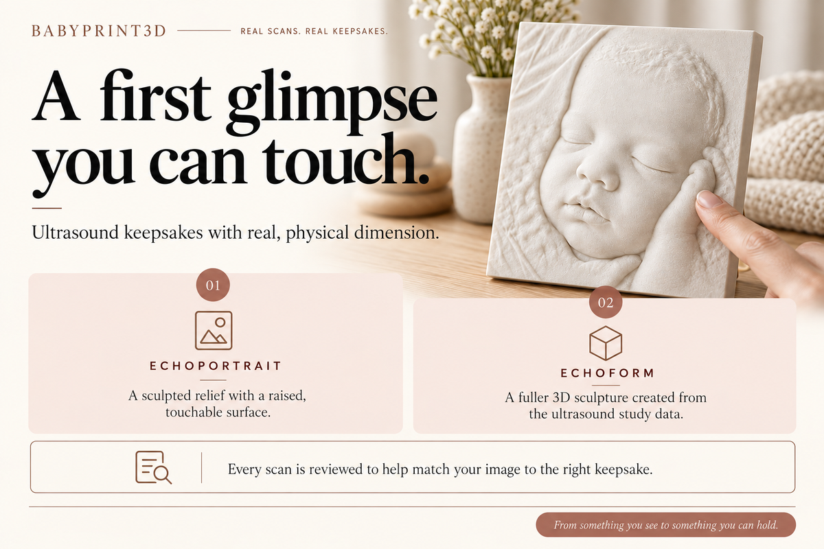 A fingertip touches an EchoPortrait ultrasound relief beside an explanation of EchoPortrait and EchoForm keepsakes.