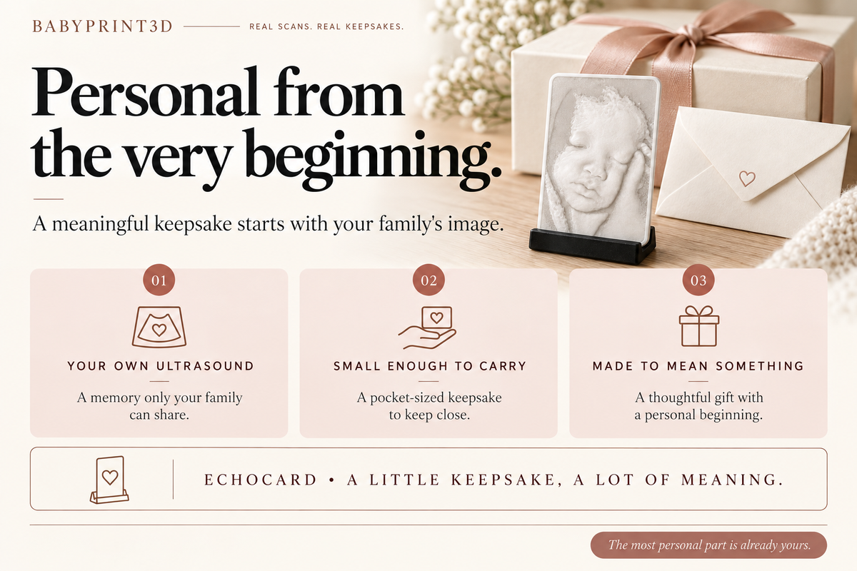 EchoCard beside a gift box: a pocket-sized ultrasound keepsake personalized from the family's own image.