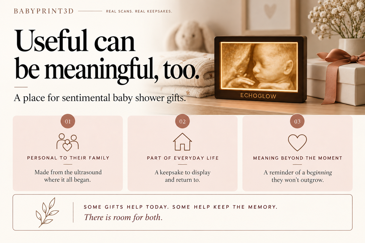 An EchoGlow beside a wrapped gift shows how sentimental baby shower gifts can become meaningful parts of everyday life.