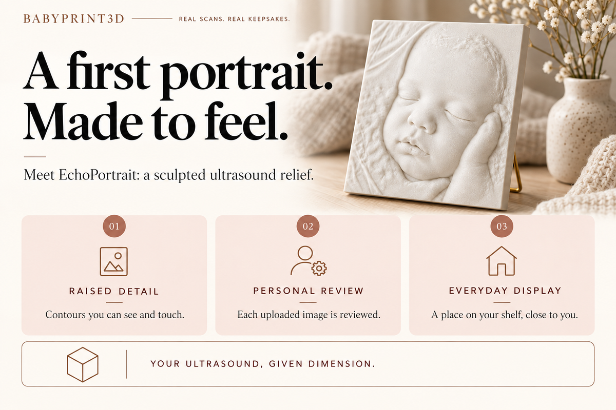 An ivory EchoPortrait ultrasound relief on a stand, highlighting raised detail, personal image review, and everyday display.