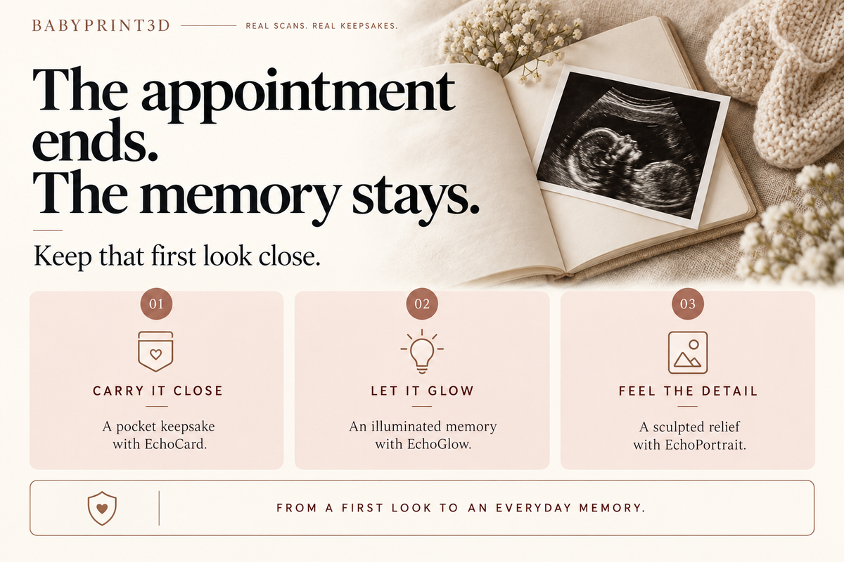 An ultrasound print in a memory journal, with EchoCard, EchoGlow and EchoPortrait ideas for keeping a family's first look close after the appointment.