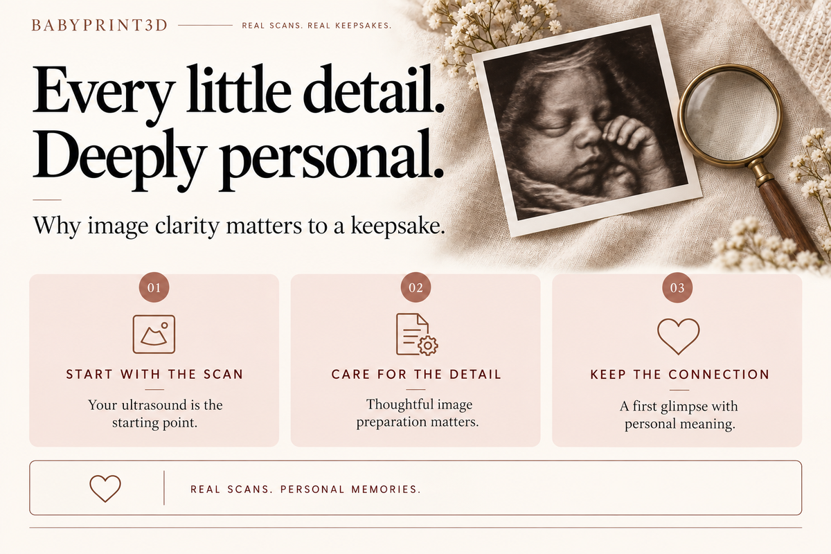 A sepia ultrasound print and magnifying glass illustrate why careful image preparation and personal detail matter in an ultrasound keepsake.