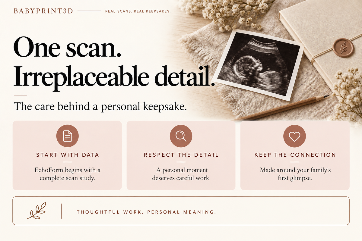 An ultrasound print and archival folder illustrate the care and complete scan data behind a personal EchoForm keepsake.