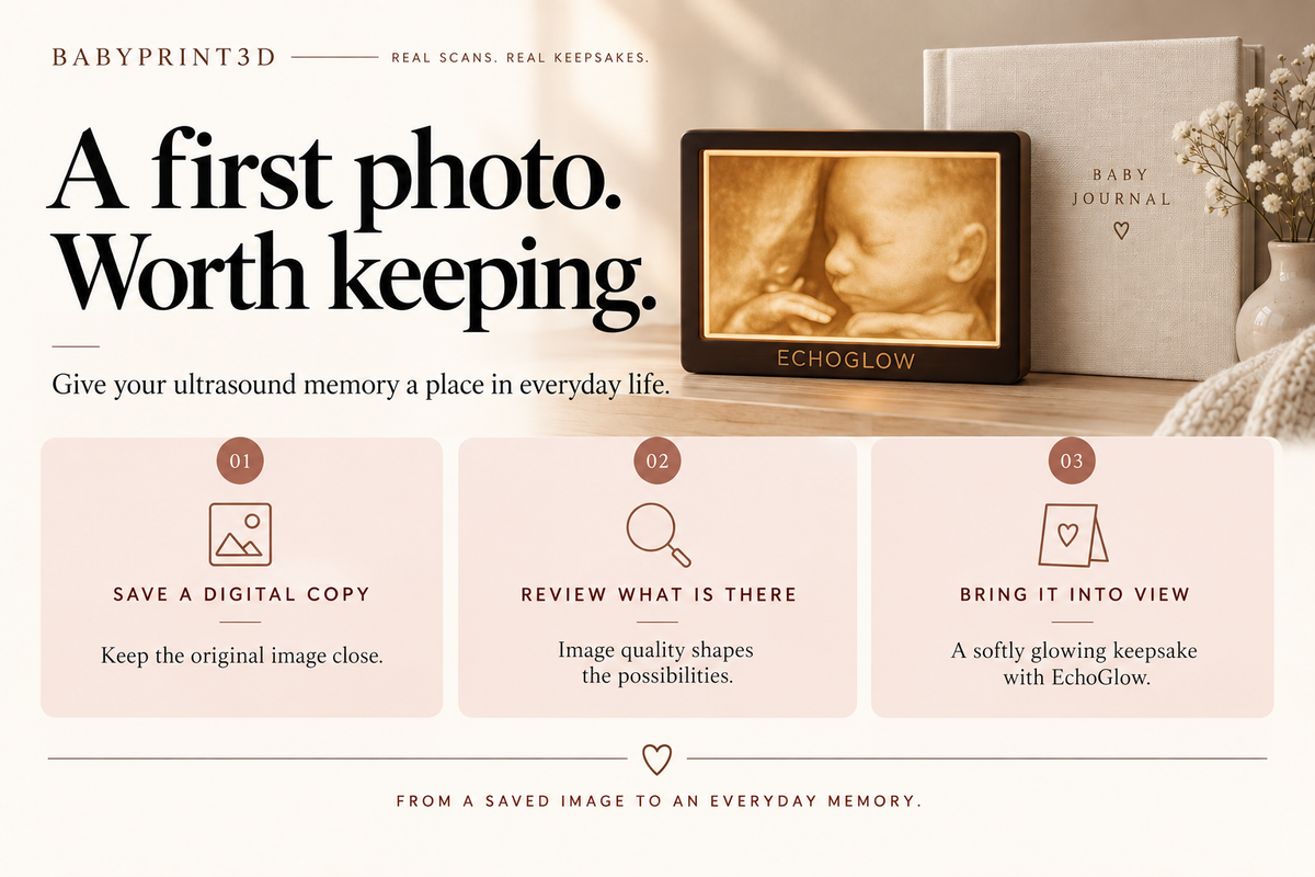 EchoGlow beside a baby journal, with guidance to save a digital ultrasound copy, review image quality, and keep the memory on display.