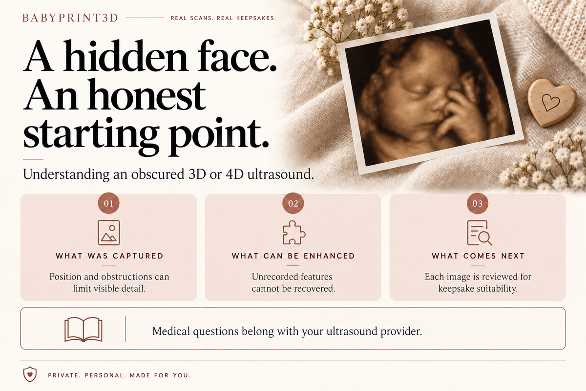 A partially obscured 3D ultrasound face illustrates image limitations, the limits of enhancement, and individual keepsake suitability review.