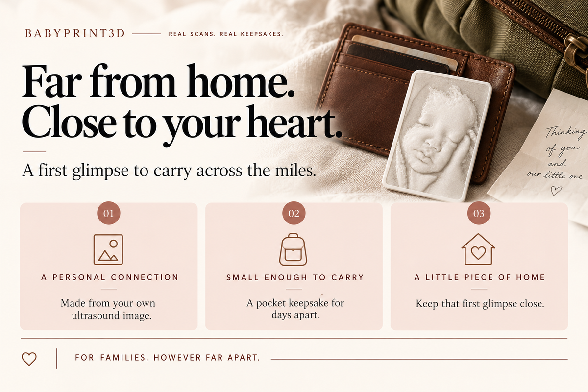 An EchoCard ultrasound keepsake beside a wallet, letter and travel bag, celebrating connection for military families spending time apart.