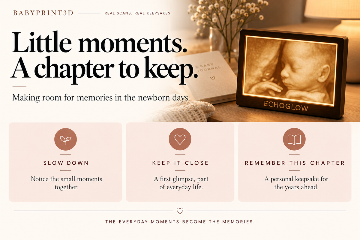 EchoGlow on a bedside table beside a baby journal, celebrating small family moments and memories during the newborn days.