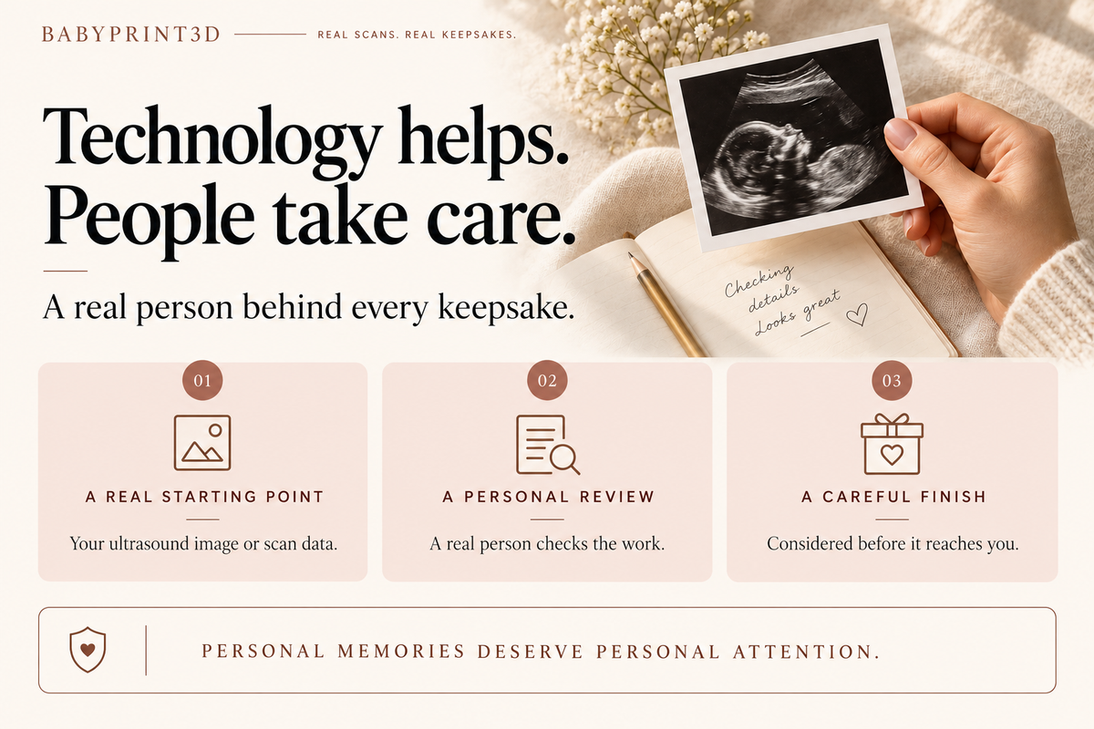 A hand holds an ultrasound print above a review notebook, highlighting personal review and careful finishing in the BabyPrint3D keepsake process.