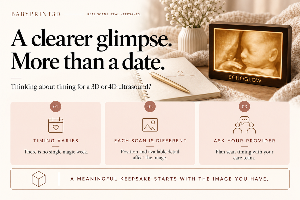 EchoGlow beside a planner illustrates that ultrasound image clarity varies and scan timing should be planned with the family's care provider.