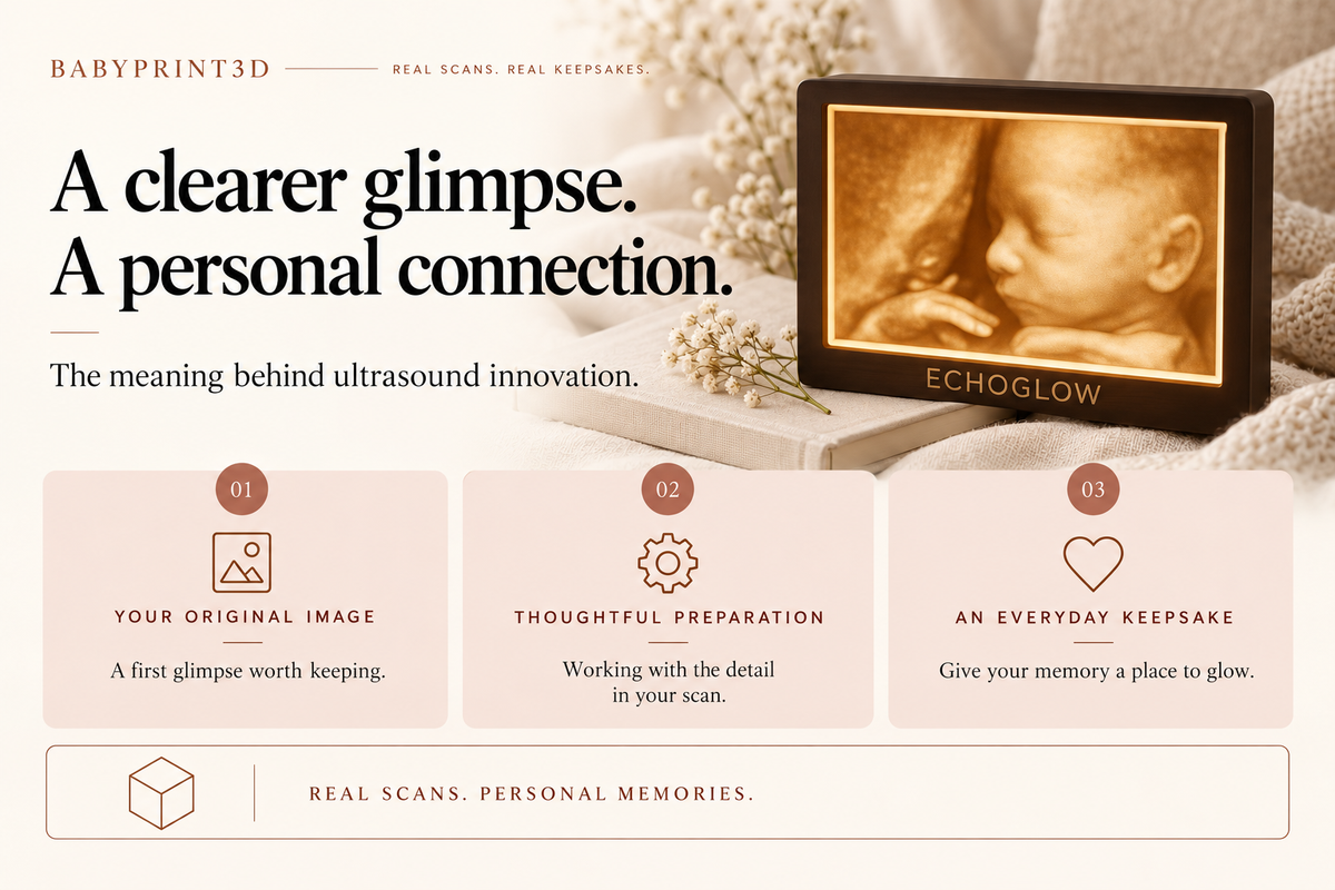 EchoGlow on cream linen highlights the personal connection behind ultrasound images, thoughtful preparation and everyday keepsakes.
