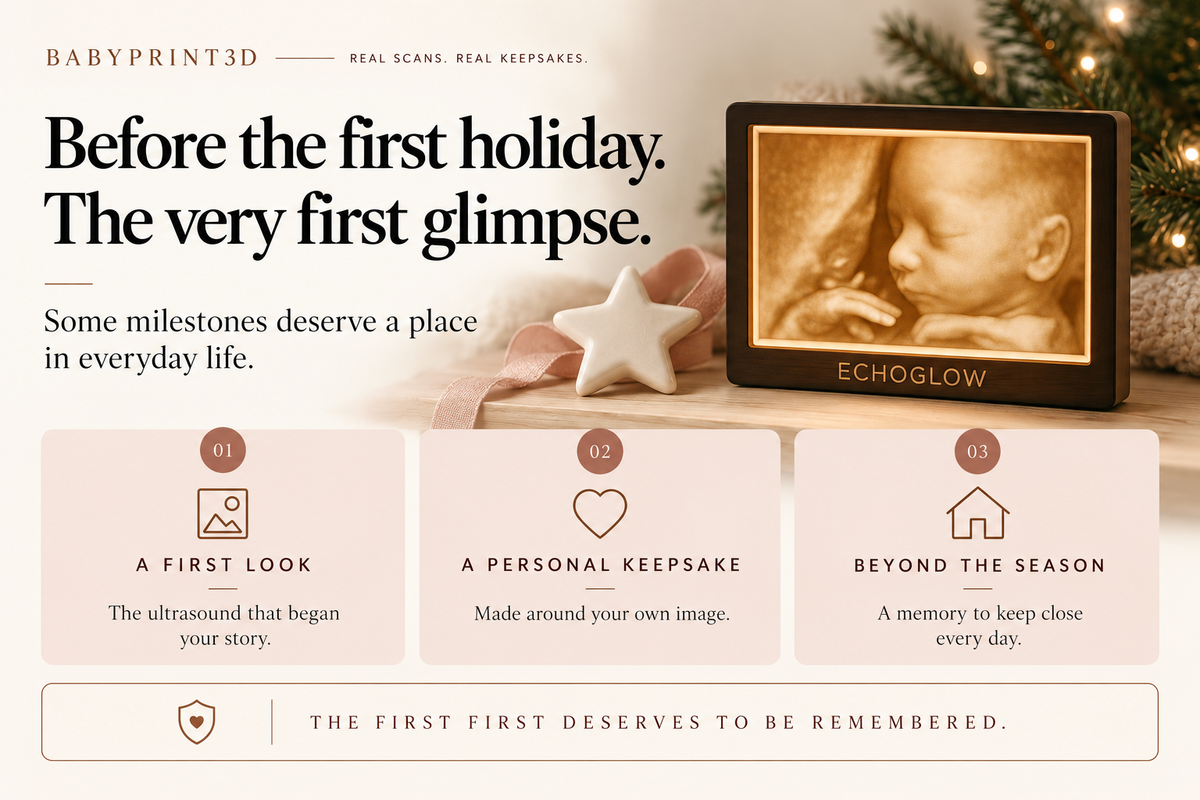 EchoGlow beside an ivory star decoration celebrates the first ultrasound glimpse as a personal milestone to remember beyond the holidays.