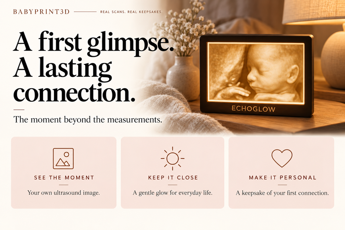 EchoGlow on a bedside table celebrates the personal connection of a first ultrasound glimpse beyond pregnancy measurements.